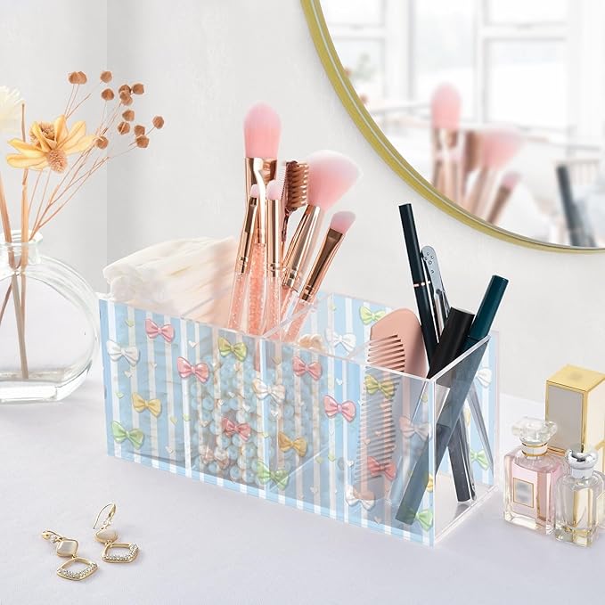 Aslsiy Bows Ribbon (20) Pen Holder for Kids 4 Compartments Acrylic Pencil Holder Clear Makeup Brush Holder Desk Organizer Office Supplies