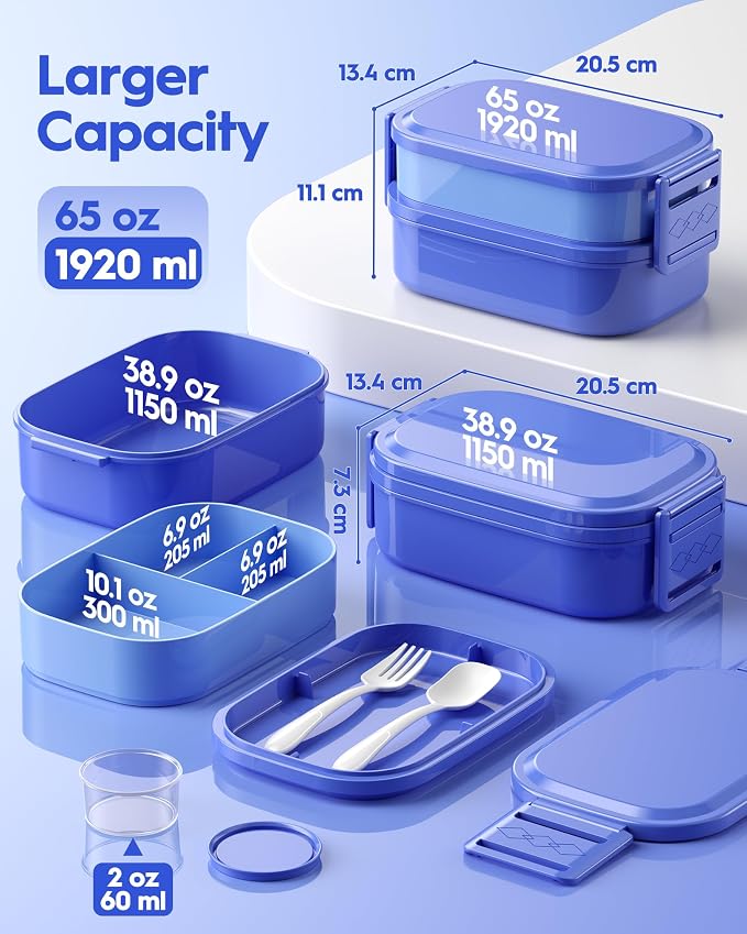 BiuLeon Bento Box Adult Lunch Box, 65 Oz Capacity Lunch Containers(Adjustable 2/3 Tier), BPA-Free, Leak-Proof and Stackable Bento Lunch Box, Microwave & Dishwasher Safe with Utensils(Blue)
