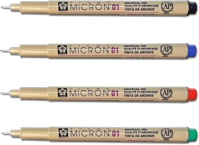 G.T. Luscombe Company, Inc. Pigma Micron 01 Fine Point Bible Note Pen Kit | No Bleed Pigmented Ink | Bible Safe | No Smearing or Fading | Black, Blue, Green, Red (Set of 4) | New Packaging |