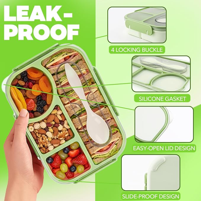 Bento Box for Adults, 4 Compartments Lunch Box, Lunch Containers, Green