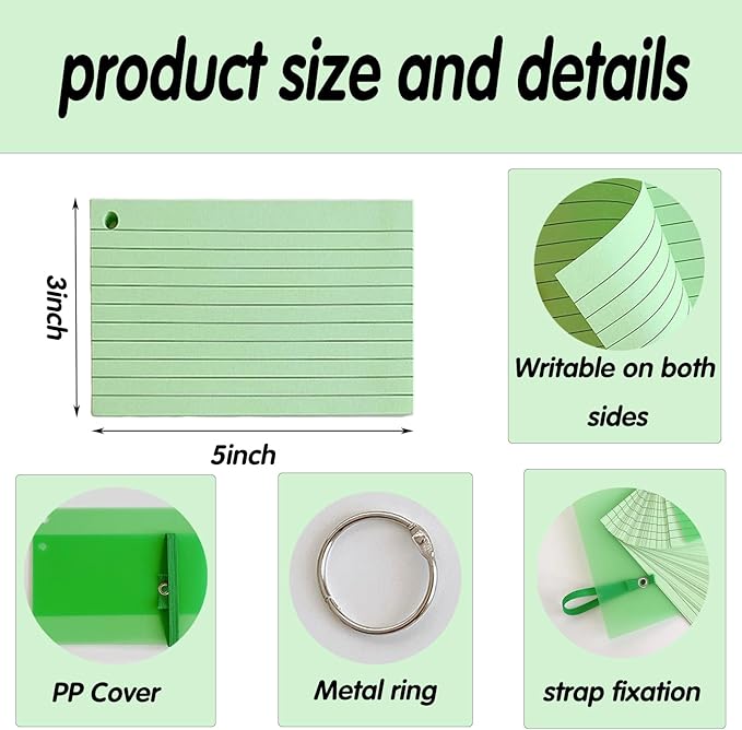 200 Count Colored Index Cards, 3x5 Inch with Key Ring, Portable Note Taking Study Note Cards for Office Home