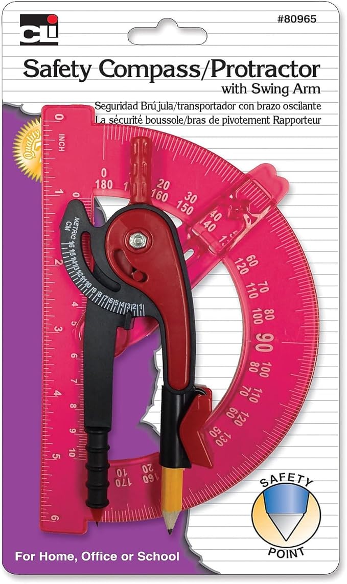 Charles Leonard Safety Compass and 6 Inch Swing Angle Arm Protractor Combo Packs, Assorted Colors, 12 Combo Packs (80965-ST)