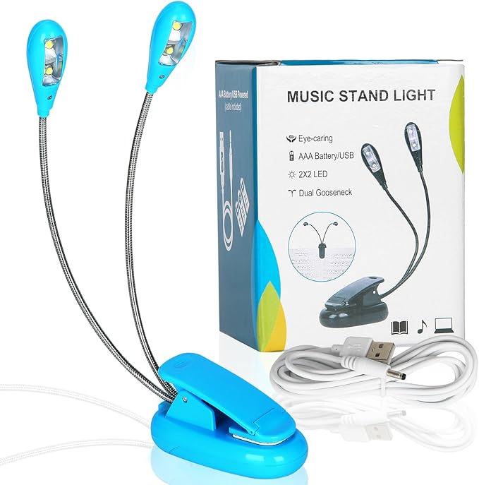 Music Stand Light, Clip on LED Book Lights, USB and AAA Battery Operated, Reading Lamp in Bed, 4 Brightness Levels, Ideal for Musician, Piano Player, Travel (Dual Arm, Blue)
