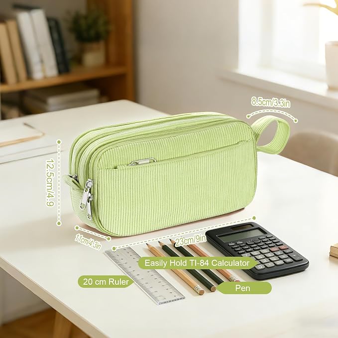 Corduroy Pencil Case, Large Capacity Pencil Pouch with 4 Compartments, Cute Soft Aesthetic Stationery Pen Bag Organizer with Zipper, Portable School Supplies for Teen and Adult Girls, Grass Green
