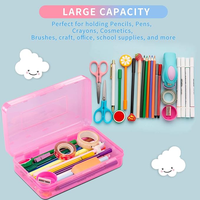 Sooez 3 Pack Pencil Case, Large Hard Pencil Box Bulk, Clear Crayon Box Marker Pen Organizer, Plastic Storage Container with Snap Lid, Art Craft Organizer Back to School Supplies, Colorful