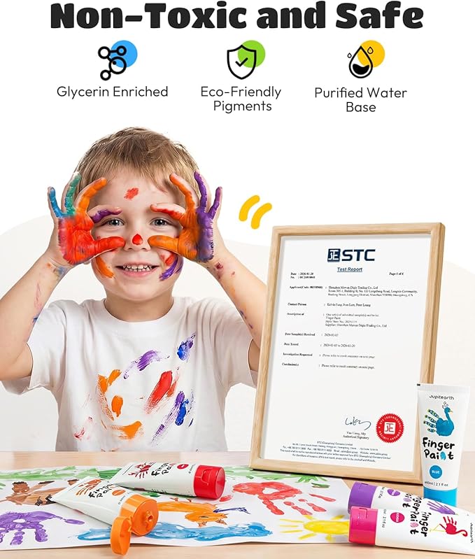 JUPITEARTH 28 PCS Finger Paint, Washable Paint for Todllers 1-3, Non-Toxic 12 Vibrant Colors (2.1fl oz/60ml ) , Palette, Apron, Brush, Eye Stickers, Baby Safe Paints for Hand and Feet, Safe Preschool Art Supplies for Kids