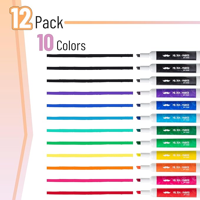 Mr. Pen- Dry Erase Markers, 12 Pack, Assorted Colors, Low Odor Ink, Chisel Tip, White Board Markers Dry Erase, Ideal for Classroom, Back to School Supplies, Teachers, Office, Whiteboard & Home