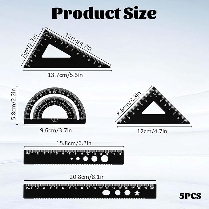 5Pcs Metal Geometry Set, Math Drafting Ruler Kit Aluminum Triangle Rulers Metal Ruler Drafting Tools, Metal Triangular Scale Ruler Set, Protractor, 6/8 Inches Drawing Ruler for Architect Engineer