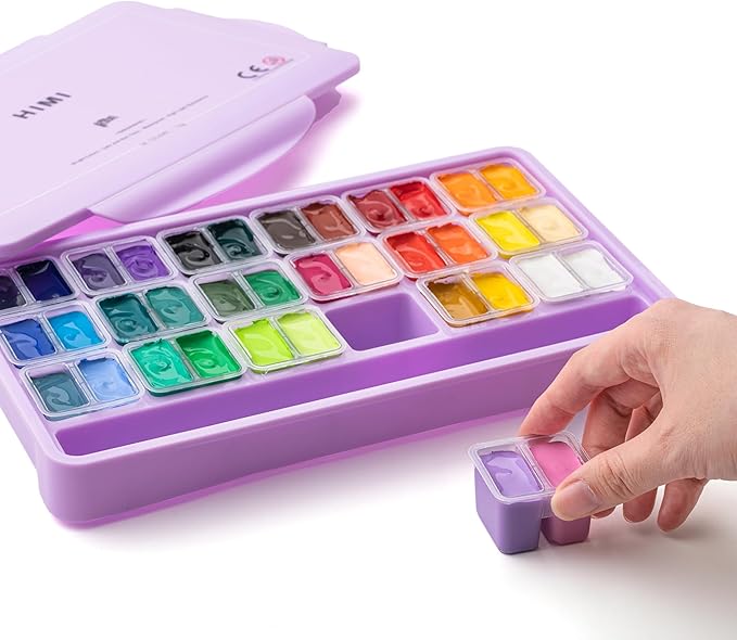 HIMI Twin Cup Jelly Gouache Paint Set with 3 Paint Brushes, 36 Colors 12g, Jelly Cup Design, Non Toxic Paint for Canvas and Paper, Art Supplies for Professionals (Purple Case)