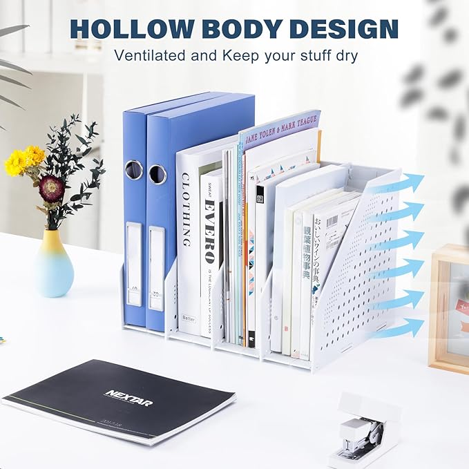 FRETONBA Collapsible Magazine File Holder with 4 Vertical Compartments Foldable Binder Holder for Desk Binder Storage Organizer Plastic Magazine Holders for Shelf, Light Gray