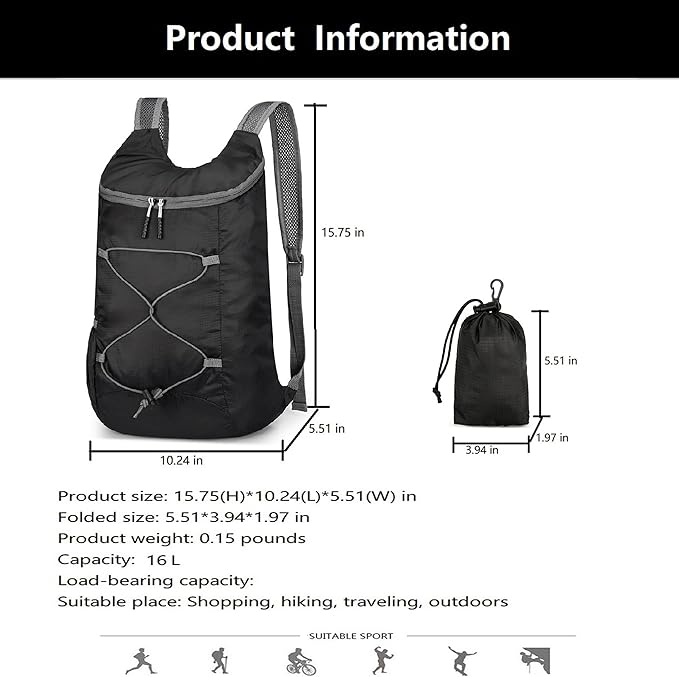 levayhill 16L Lightweight Foldable Hiking-Backpack Small Packable-Daypack For Travel,Ultralight Water-Resistant Gym Bag Men Women Easy Carry-on (Black&Gray)