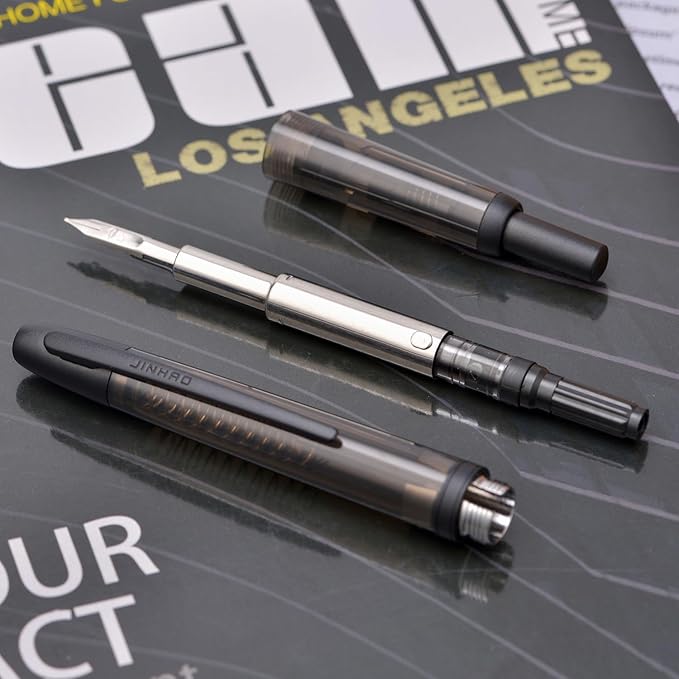 Jinhao 20 Press Fountain Pen, Transparent Black Retractable Fine Nib with Ink Converter Set (Black Clip)