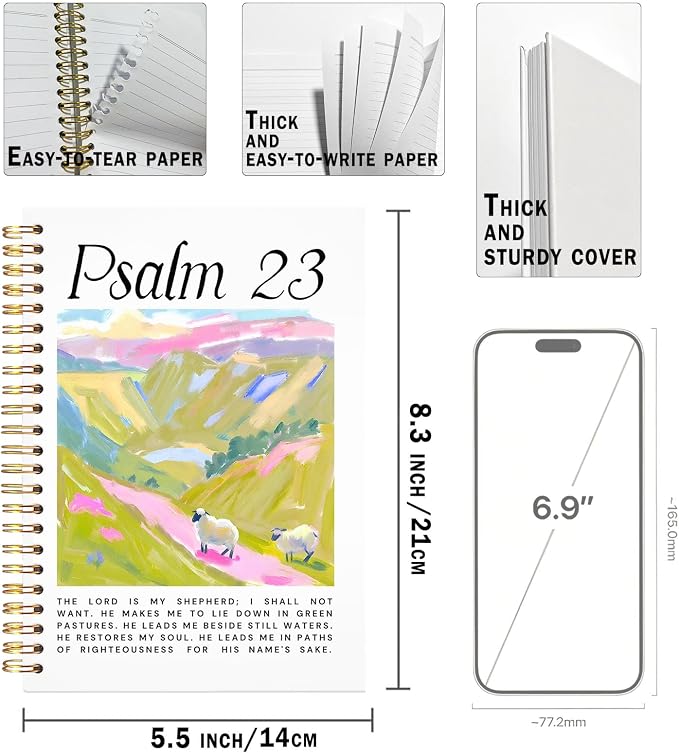 UTELKA Christian Notebook, Boho Journal Spiral Notebook Psalm 23, Church Prayer Notebook Inspirational Gifts Bible Study Journal, Religious Gifts Church Notes Journal for Women 5.5x8.3