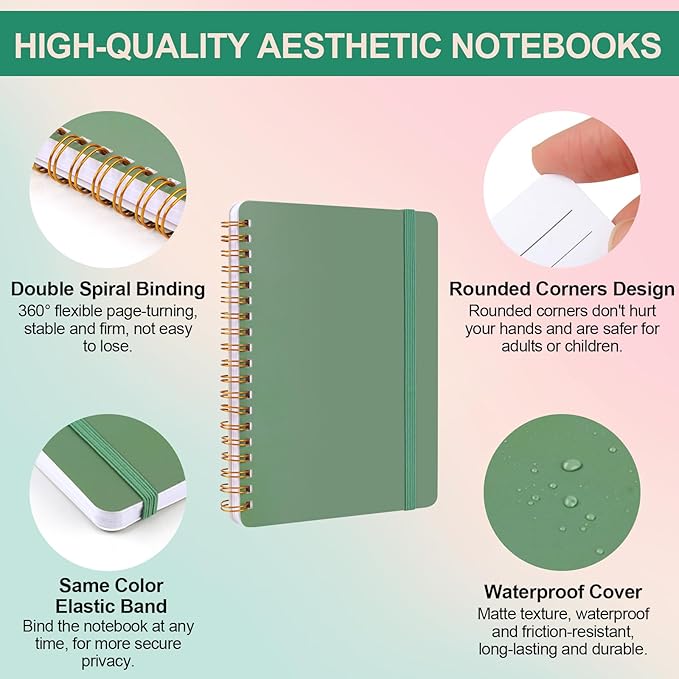 Utron 3 PCS Small Spiral Notebook 5x7, Notebooks for Note Taking, Green Spiral Journal Notebook, Work Notebook Small Notebooks 5x7 with Strap, Cute Notebooks for Women 70 Sheets/Note Books