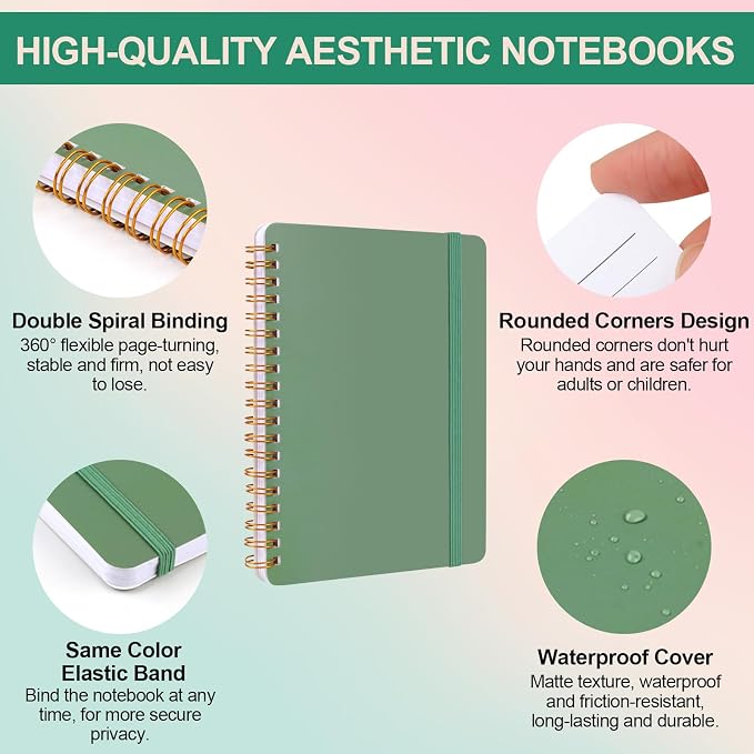 Utron 3 PCS Small Spiral Notebook 5x7, Notebooks for Note Taking, Green Spiral Journal Notebook, Work Notebook Small Notebooks 5x7 with Strap, Cute Notebooks for Women 70 Sheets/Note Books (Pack of 2)