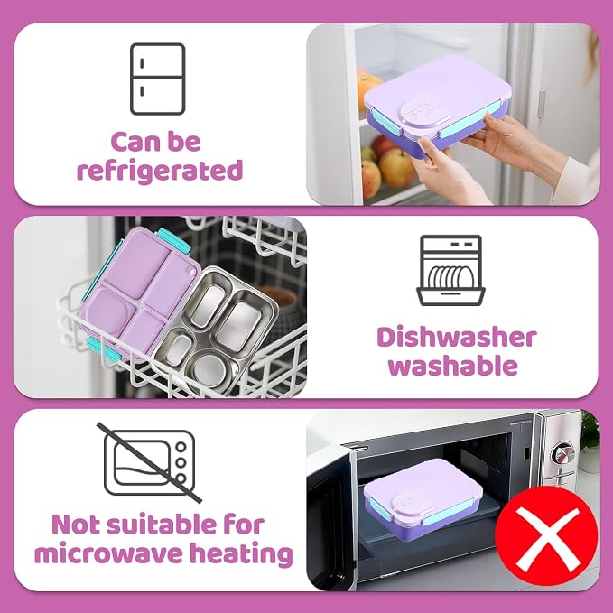 Kids Stainless Steel Lunch Box,304 Stainless Toddler Leak-Resistant Insulated Metal Bento Box,Suitable Schools,Office,Use Comes With An Independent Soup Cup,Tableware,4 Compartments (Purple) ﻿