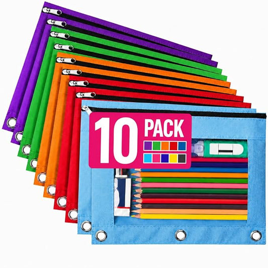 Forvencer 10 Pack Pocket for 3 Ring Binder, Large Pencil Case Pouch | 3 Reinforced Grommets, Pen Bag, Clear Window Pencil Case, Binder Accessories