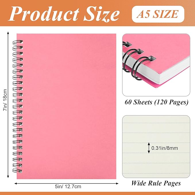 Leelosp 12 Pcs Small Spiral Notebook Lined Spiral Journal College Ruled Notebook Wire Bound Kraft Cover, 120 Pages for Work (Colorful,5 x 7 Inch)