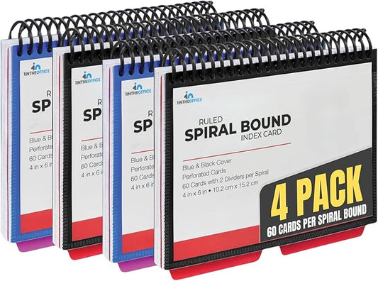 1InTheOffice Index Cards 4 x 6 Ruled, Spiral Bound, 120 White Cards/Spiral, 4 Pack (4)