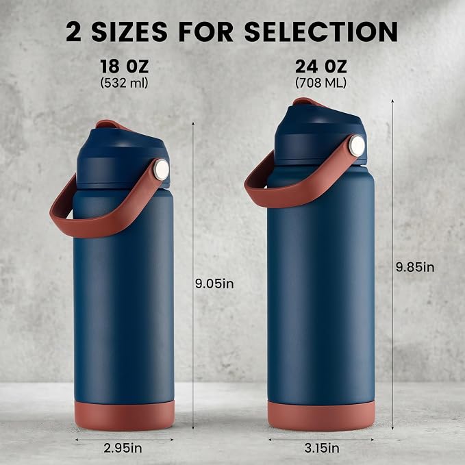 Fijinhom 24 oz Insulated Water Bottle with Straw Lid, Stainless Steel Water Bottles, Double Wall Vacuum, Portable Handle & Non-slip Bottom, BPA Free Leak Proof Metal Bottles, Keep Cold 24H, Sapphire