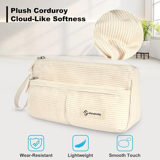 FINPAC Pencil Case, Corduroy Triangle Makeup Bag Kawaii Pen Bag Pouch | Pencil Holder Box Organize for Study, Office, or Travel, Beige