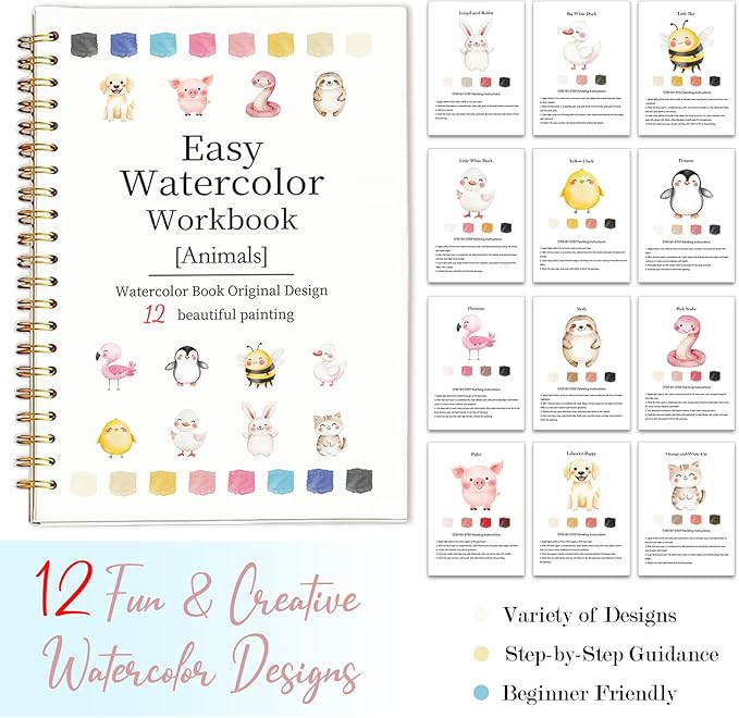 Easy Watercolor Workbook for Beginners - 12 Beautiful Step-by-Step Paintings Water Coloring Book, Includes 18 Water Colors, Relaxing Art Projects and Creative Gift for Adults & Teen (Animals)