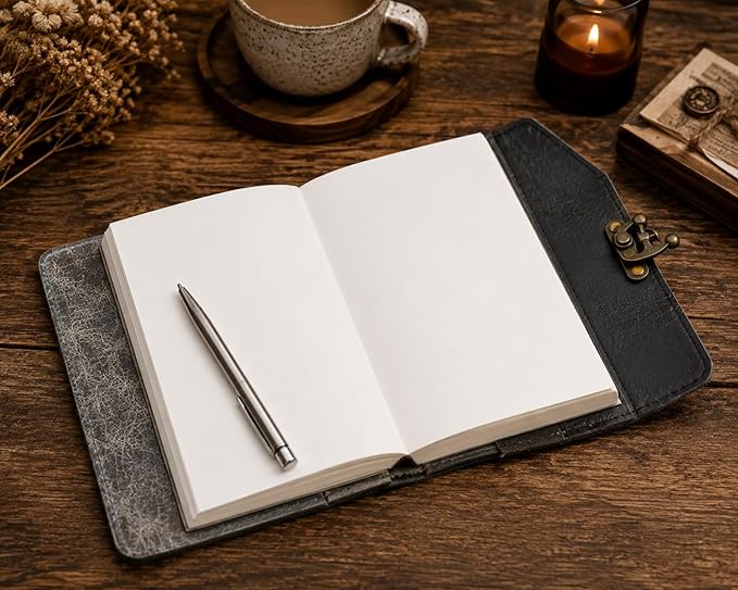 Leather Journal Notebook Recycled Notebook with Antique Metal Closure 200 Unlined Cotton Pages Notebook 125 GSM 6X8inch, Gift for Writer