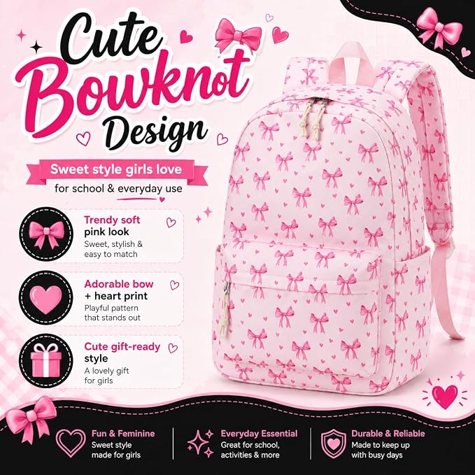 LOIDOU Backpack for Girls School Backpacks Bookbags for Elementary Middle School Women Laptop Backpacks (Bow Tie Pink, L-17)