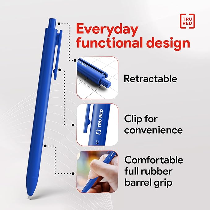 Staples TRU RED Retractable Gel Pens, Medium Point 0.7mm, Blue Ink, 12 Pack - Quick-Dry Pens for Smooth, Smear-Free Writing