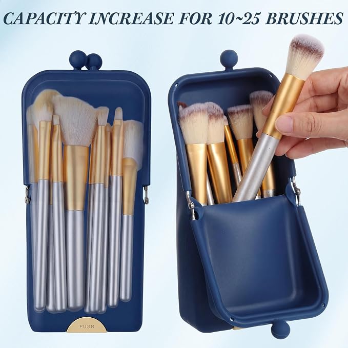 Kacctyen Makeup Brush Case Silicone Standing Makeup Brush Holder,Navy | Silicone Make up Travel Bag with Suction Portable Cosmetic Organizer Phone Stand Pouch for Travel Home Back to School Use