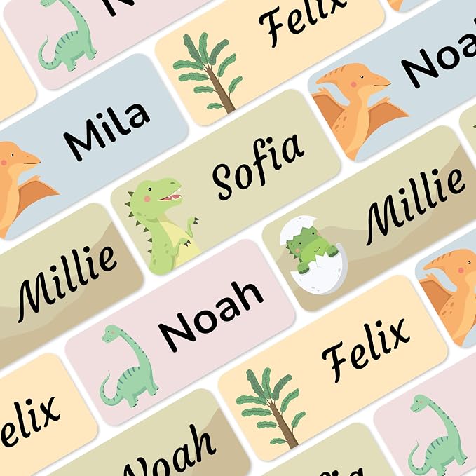 Personalized Name Labels for Kids (140), Custom Daycare Labels - Waterproof Name Stickers for Clothing, Bottles and Other School Supplies (1.2” x 0.5”) - Dino