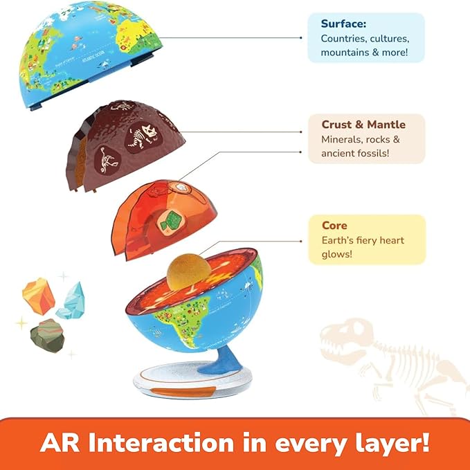 PlayShifu Globe For Kids - Orboot Core | 3-Layer Openable Tech-Powered Interactive Globe | Explore Earth's Surface, Fossils, Minerals & Glowing Core | STEM Learning Toy with Free App | Ages 4–10