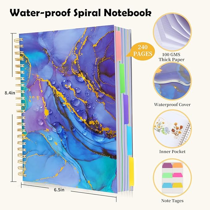 5 Subject Notebook College Ruled, A5 Spiral Notebook with Removable Pocket Dividers Tabs, Lined Organizer Notebook Journal for Women, 240 Pages Notebooks for Work School Note Taking, Purple Marble