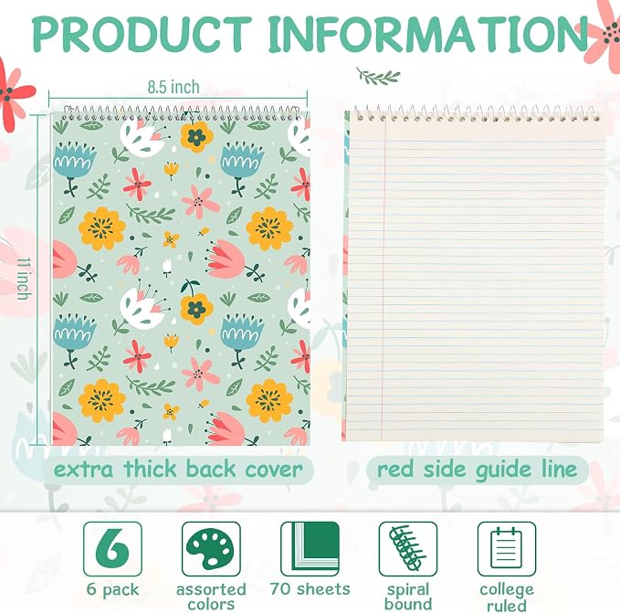 Maitys 6 Pcs Steno Spiral Notebooks, Multicolor, Flowers Style