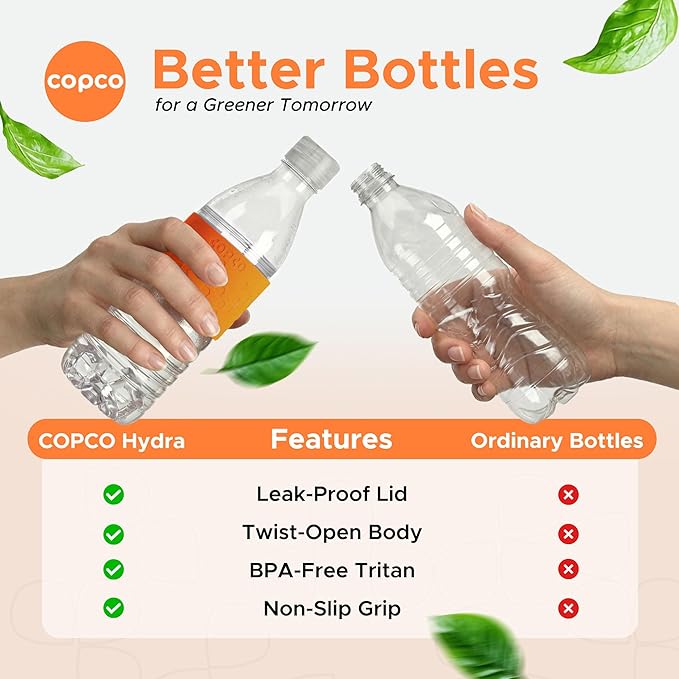 Copco Hydra 16.9 oz Water Bottle with Leak-Proof Lid - Tritan Reusable with Textured Grip Sleeve - BPA-Free, Shatter-Resistant, Dishwasher Safe for Travel, Gym, Work, Outdoors (Chevron Orange)