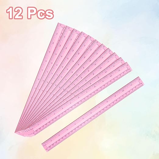 HARFINGTON 12pcs Plastic Rulers 12" (30cm) Clear Straight Ruler Measuring Tool Inches and Centimeters for Home Office Classrooms Drafting, Clear Pink