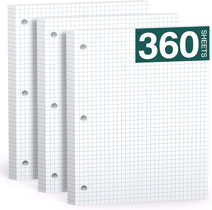 Loose Leaf Graph Paper Notebook 8 X 10.5, 360 Sheets Graphing Paper，3 Hole Punched，4x4 Quad Ruled Grid Notebook Paper, 10-1/2" X 8 Binder Filler Paper For, Engineering, Office, School