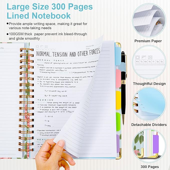 Spiral Journal Notebooks for Work, 300 Pages 5 Subject Notebook College Ruled with Dividers & Tabs, 8''x 10'' Large Notebook Journal for Women Students Note-Taking and Organizer (Blushing Rose)