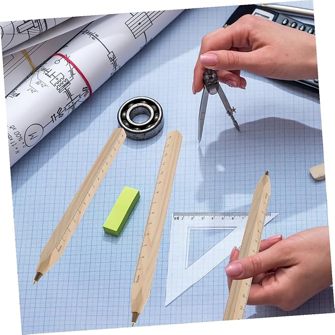 Abaodam 20pcs Natural Biodegradable Wooden Ballpoint Pens with Printed Ruler Black Ink Signature Wood Pens for Carpenter Marking and Office Use