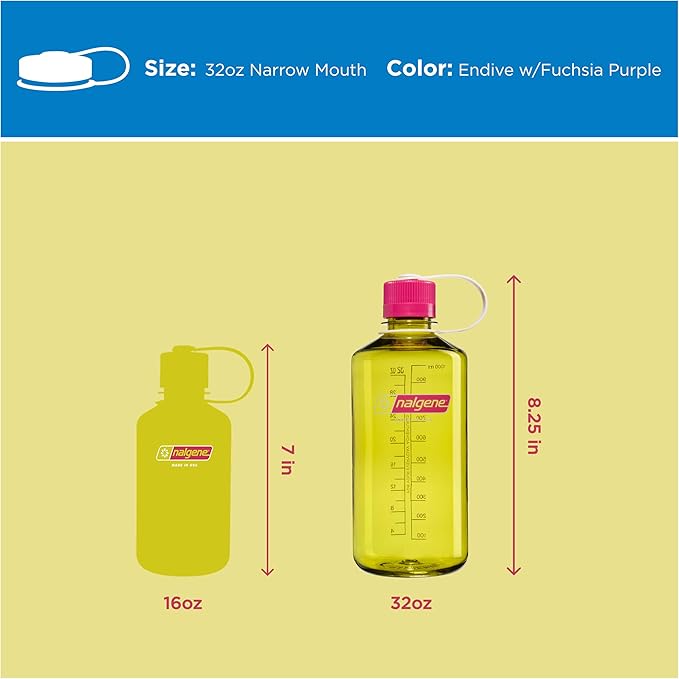 Nalgene 32 oz Narrow Mouth Water Bottle | BPA-Free, Durable & Leak Proof, Lightweight for Hiking & Gym – Thrill & Motion, Endive w/Fuschia Purple