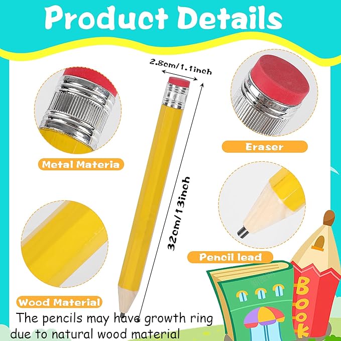 FOIMAS 3pcs Giant Wooden Pencils,13.4 Inch Novelty Jumbo Pencil Prop with Eraser for School Office Prop Supply Novelty Gift,Yellow