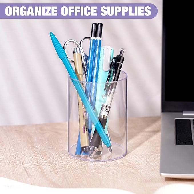 Clear Acrylic Desk Organizer Set - 9 Pack Pen Pencil Holder, Stylish Round Makeup Brush and Stationery Storage Container, Ideal for Home, School and Office Supplies