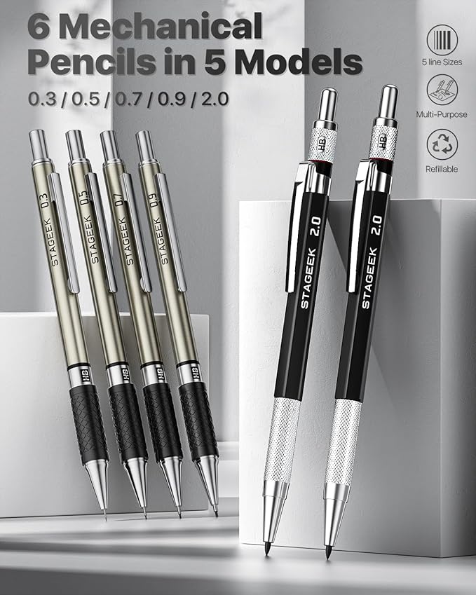STAGEEK Mechanical Pencil Set with Case 37 Count, Drawing Pencils 0.3, 0.5, 0.7, 0.9MM & 2PCS 2MM Sketching Pencils with 492PCS Lead Refills (6B 4B 2B HB 2H 4H Color) for Artist Drafting Drawing