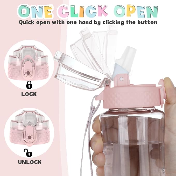 OLDLEY 12oz Kids Water Bottle, Tritan BPA-Free, Leakproof Flip Straw Lid, Motivational Time Marker, Carry Strap, Reusable Clear Water Bottle for Boys & Girls,Cherry Blossom