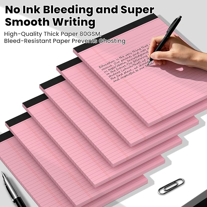6pcs Legal Pads 8.5 x 11,Notepads 8.5 x 11 Inch, 30 Sheets/Pack, Pink Note Pads Clear Print Writing Pads of Paper, Perforate Wide Ruled Lined with Sturdy Back for Office, Business & School Supplies