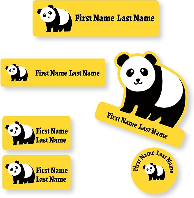 Personalized Kids Name Labels – Waterproof Custom Stickers for Daycare & School, Dishwasher & Laundry Safe (Panda - Yellow)