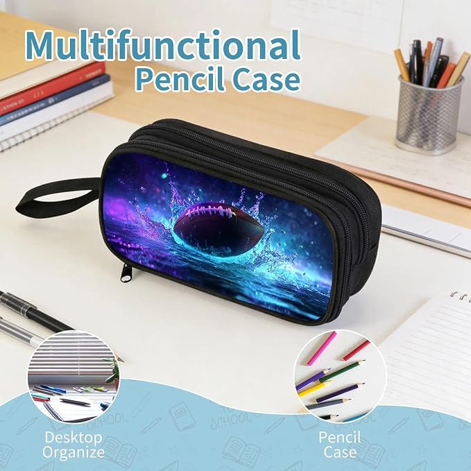 Firmiso Kids Pencil Case, Football Pattern, Large Capacity Double Zipper Pencil Pouch with Compartments, Durable Polyester School Supplies Organizer, Pen Bag for Boys Girls Students