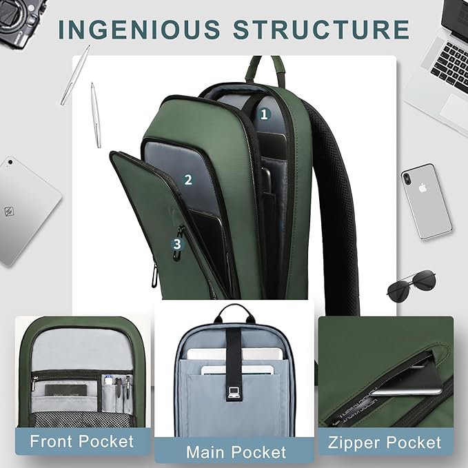 hk Backpack for Men Business Slim Backpack with USB Charger Computer Lightweight Anti-theft Travel (Green, 15.6 Inch)