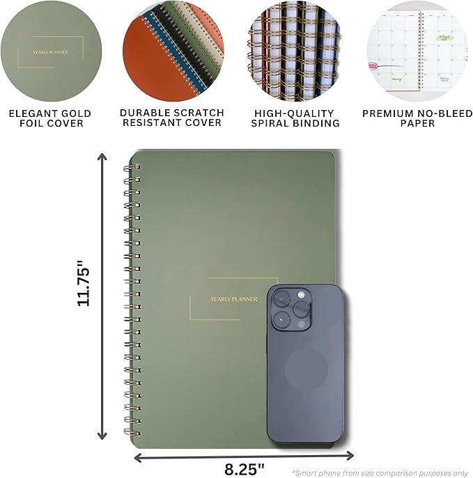 | Undated Yearly, Daily, Weekly, Monthly Planner | 8.25" x 11.75" | To Do List Notebook for Work | Simple Design | Multiple Layouts | Academic Planner and Organizer Notebook (Navy, Yearly Planner - Portrait)
