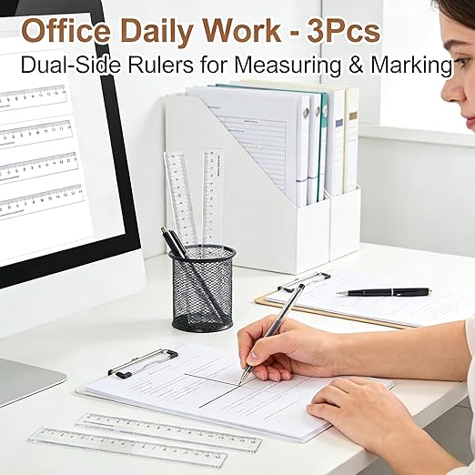 3-Pack 12-Inch (30cm) Plastic Rulers - Clear Dual-Sided Ruler with Centimeters and Inches, 3-Piece Set